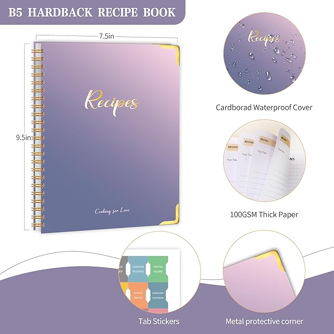 Blank Recipe Book to Write in Your Own Recipes, Blank Cookbook with 175 Pages for Family Cooking Lover, Recipe Notebook with Tab Sticker Sheets, Recipe Journal, Hardcover, 7.5" x 9.5"-DeskLoop Office