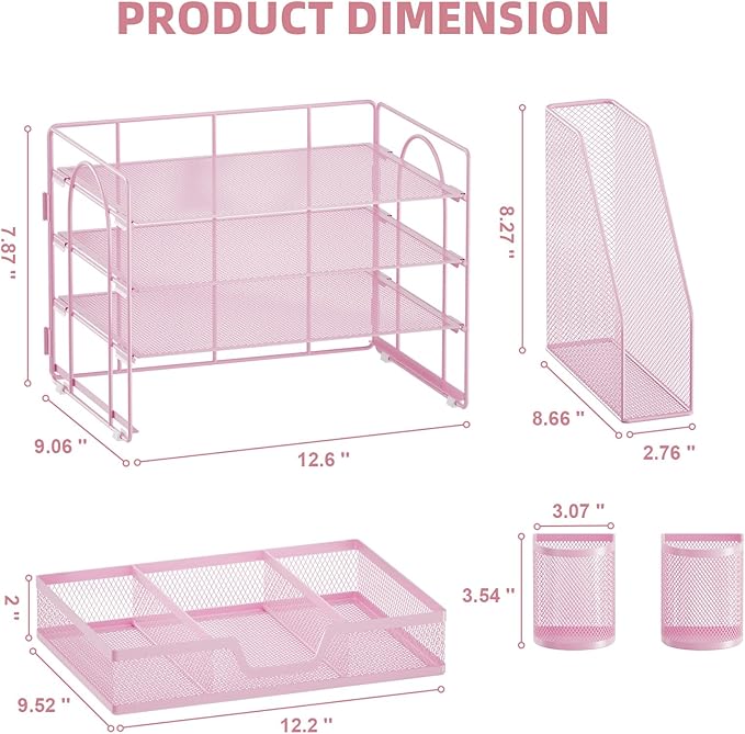 Marbrasse Desk Organizer and Accessories,4-Tier Paper Letter Tray Organizer with File Holder, Workspace Desk Organizers Accessories with Drawer and 2 Pen Holder (Pink, 15.4" x 9.1" x 8.3")-DeskLoop Office