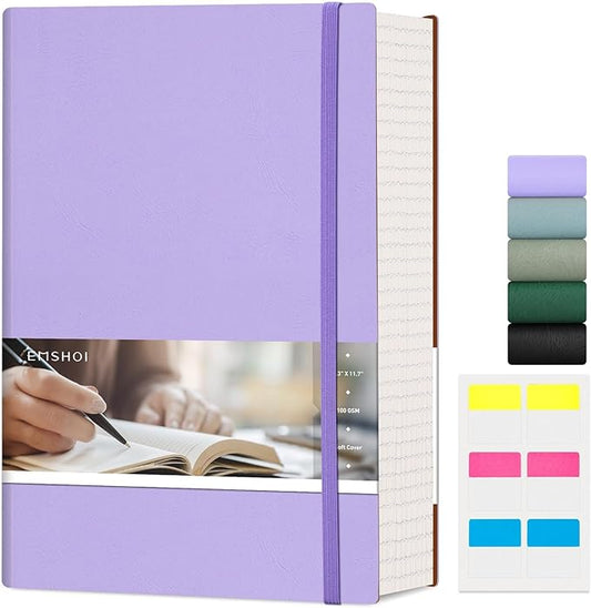 EMSHOI A4 College Ruled Notebook Journal- 400 Pages (200 sheets), 7mm Spacing & Vegan Leather Cover for Work, School, Bible Study, Bullet Journaling- with Sticky Notes, Pocket & Pen Holder- Purple-DeskLoop Office