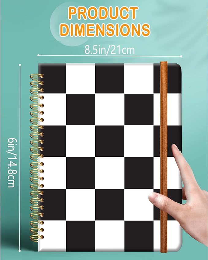 Ruled Spiral Writing Notebook,A5 Hardcover Lined College Journal for Women Lady,Fashion Puppy Watercolor Strong Twin-Wire Binding with Premium Paper,8.4" X 6",Perfect for School,Office,Home Gifts(Black White Checker)-DeskLoop Office