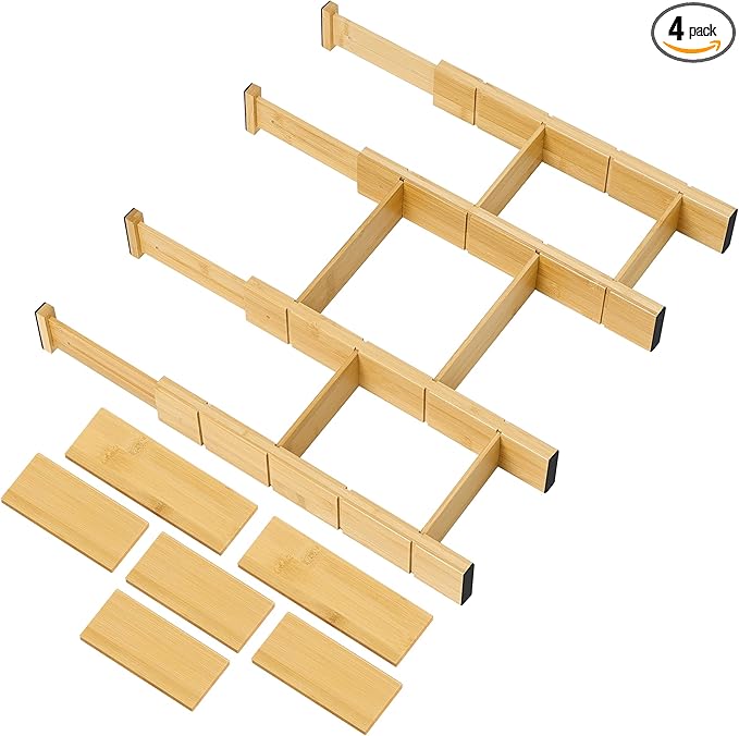 Utoplike 4 PCS Bamboo Kitchen Drawer Dividers with Inserts(Fits 15"-17.7" Drawer Inner Size), Adjustable Drawer Organizers for Socks, Spring Loaded, for Bedroom, Dresser, Bathroom-DeskLoop Office