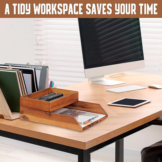 Demigo Desk Organizer Letter Tray Set of 2, Acacia Wood Tabletop Desktop for Storage Paper Letter Folders Notebooks Copy Print, Workspace Holder, Keep Stationery Saver (Brown)-DeskLoop Office