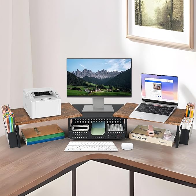 Desk Dual Monitor Stand Riser - Desk Organizer with Drawer and Pen Holders, Office Desk Accessories & Workspace Organization, Computer Monitor Stand for Laptop, Printer, TV, Office Decor, Wood-DeskLoop Office