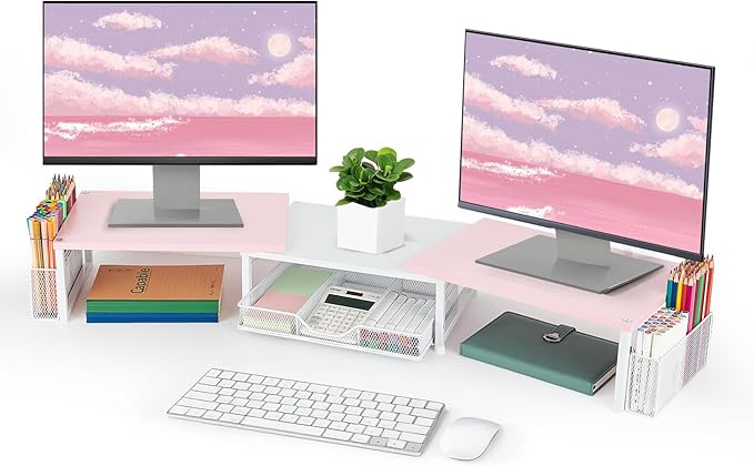 Desk Dual Monitor Stand Riser - Desk Organizer with Drawer and Pen Holders, Office Desk Accessories & Workspace Organization, Computer Monitor Stand for Laptop, Printer(Pink& White)-DeskLoop Office