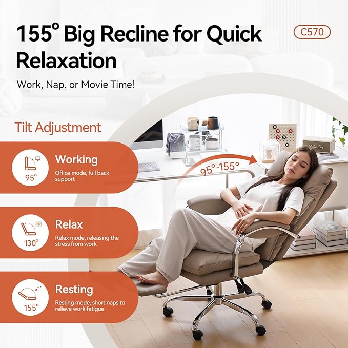LEAGOO Reclining Office Chair with Foot Rest, Executive Office Chairs with Arms, Ergonomic High Back PU Leather Comfy Swivel Computer Desk Chairs with Wheels and Lumbar Support for Home Office, Khaki-DeskLoop Office