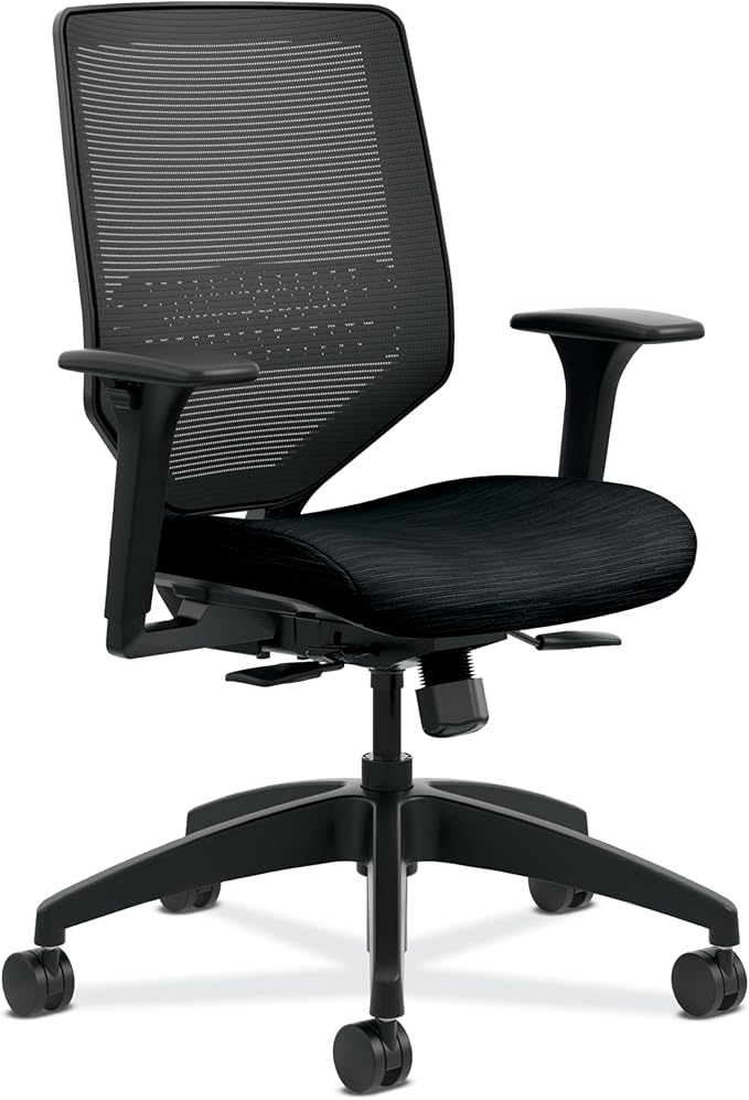 HON Solve Task Chair, Ergonomic Office Chair Mesh Back Support, Adjustable Lumbar, with Wheels, Height-Adjustable Arms, for Computers, Desks, Home Office, Black-DeskLoop Office