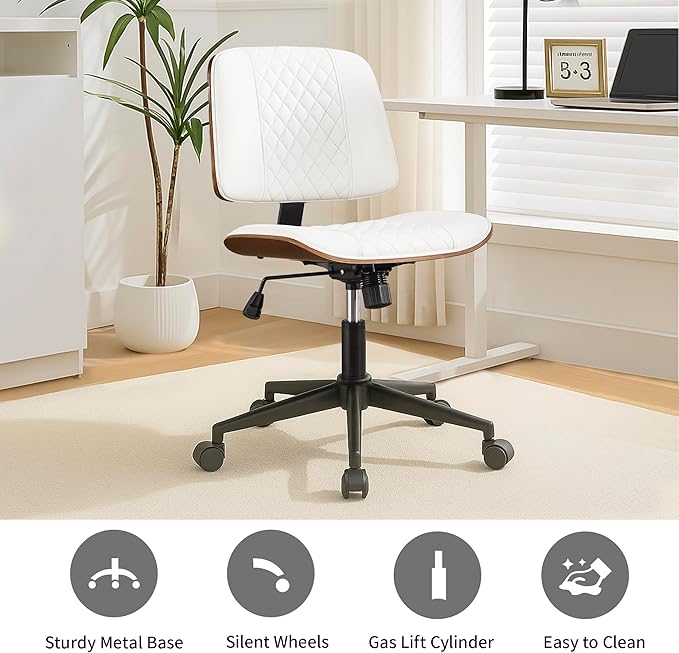 Stylish White Home Office Chair – Armless PU Leather Mid-Back Chair with Adjustable Height, Swivel Wheels, Walnut Finish for Study, Bedroom, or Dorm Room-DeskLoop Office