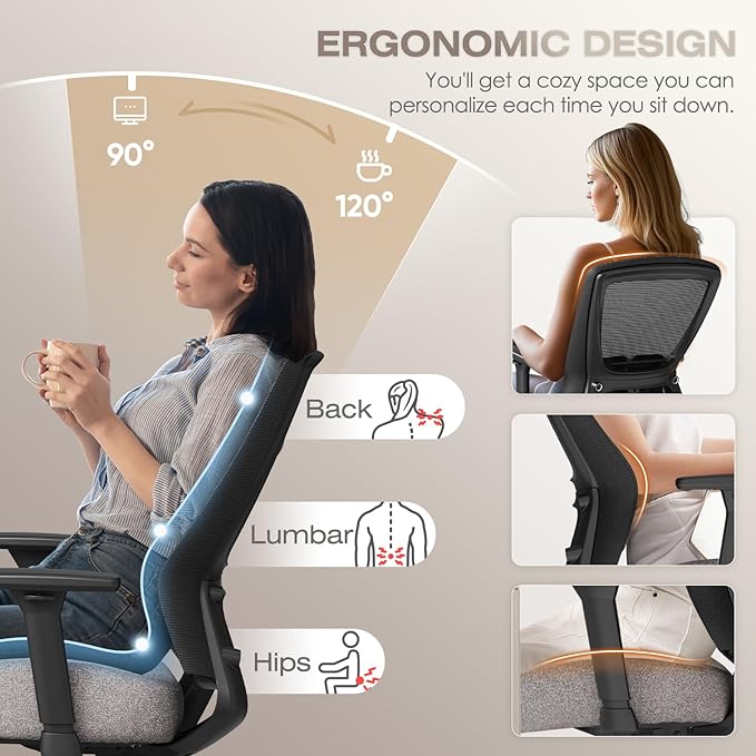 T96C Ergonomic Home Office Chair, Mesh Computer Desk Chair with 4D Armrests, Adjustable Lumbar Support,Tilt Function, Executive Rolling Swivel Task Chair for Long Hours (Stone)-DeskLoop Office