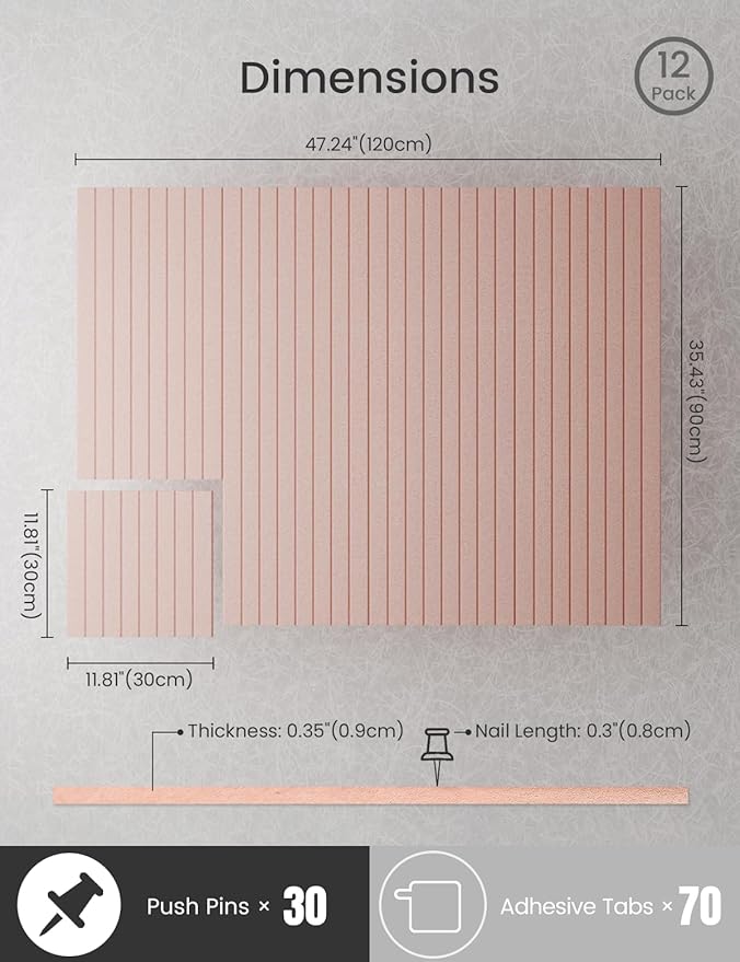 Bumusty Large Cork Board Alternative-47 x35 Felt Bulletin Board Tiles, with 30 Pushpins, 70 Adhesive Tabs, 12-Pack Slat Wall Paneling, Cork Boards for Office Push Pin Board Felt Board-Coral-DeskLoop Office