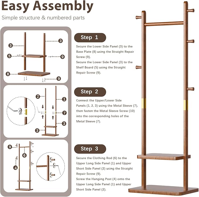 Solid Wood Coat Rack, Coat Rack Freestanding with 2 Shelves and 5 Hooks, Heavy Duty Coat Tree for Entryway,Living room,Coat Hanger Stand for Hats, Bags (Walnut Brown)-DeskLoop Office