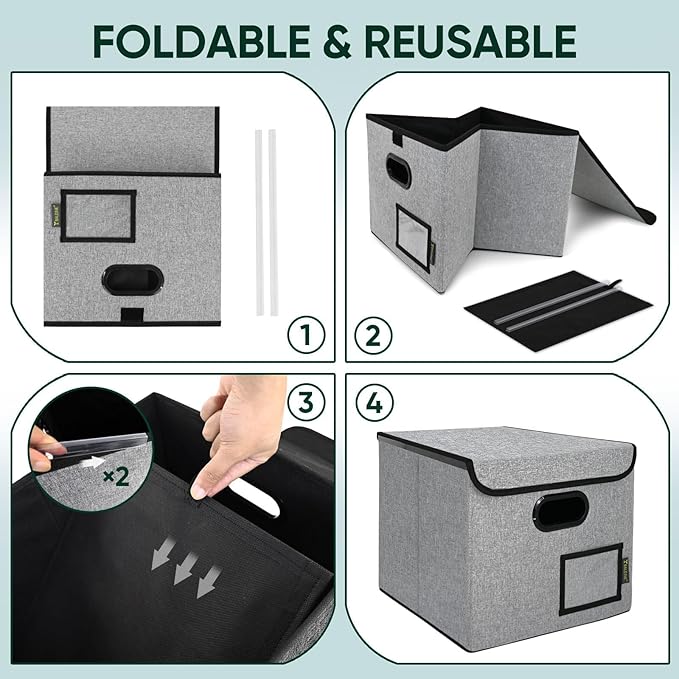 BALEINE File Organizer Box with Lid, Collapsible File Folder Organizer with Plastic Slide, Hanging File Folder Box for Office Document Storage (2 Pack, Grey)-DeskLoop Office