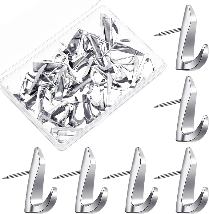 Ferraycle 30 Pieces Metal Push Pin Hangers 20 lbs Picture Hooks Zinc Alloy Thumb Tacks Hanging Hooks with Nails for Home Office Fabric Wall Wooden Board (Silver)-DeskLoop Office