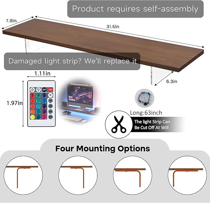 Monitor Stand Riser,Wood & Acrylic Computer Monitor Stand with LED Light,Desk Accessories Desktop Organizer Stand for Computer,Laptop,Printer,PC & TV Screen-DeskLoop Office