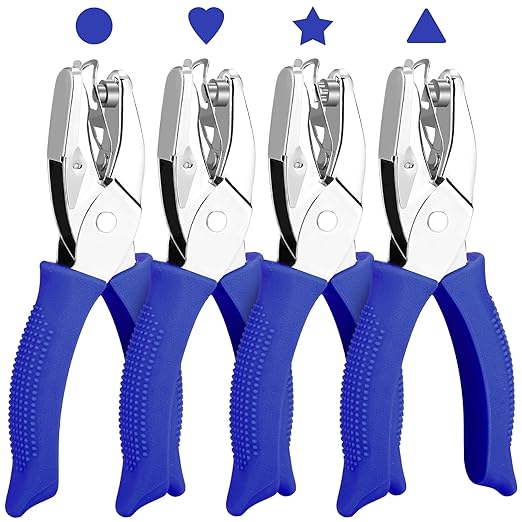 4 Packs Shape Hole Punch Set - 1/4" Circle, Heart, Star, Triangle Puncher with Soft Grip for Binder, Scrapbooking, Cards | Paper Craft Tools with Storage Slot & Reinforcement Stickers (Blue)-DeskLoop Office