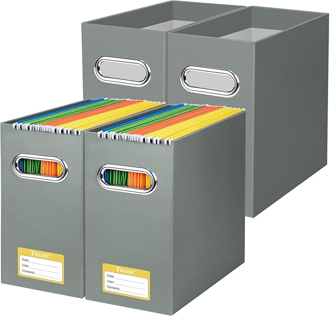 BALEINE File Organizer Box, Cardboard File Folder Organizer with Handle for Letter Size, Portable Collapsible Hanging Filing Box for Home Office Document Storage (4 Pack, Grey)-DeskLoop Office