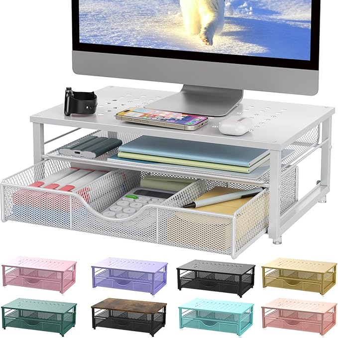 gianotter Computer Monitor Stand Riser, office organizer with Drawer, Office Organizers Storage for Classroom Office Supplies (White)-DeskLoop Office