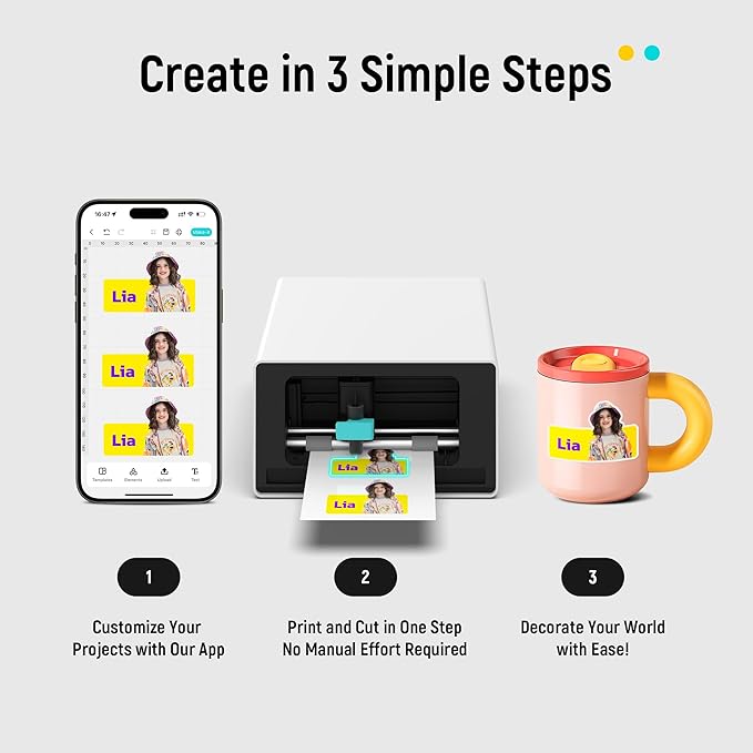 Liene PixCut S1 Photo Sticker Printer Creator Plus Pack - All-in-One Sticker Maker Machine for DIY Crafts, Custom Labels & Gifts, Thermal Dye-Sublimation, 300 DPI Prints, Precise AI Auto-Cutting-DeskLoop Office