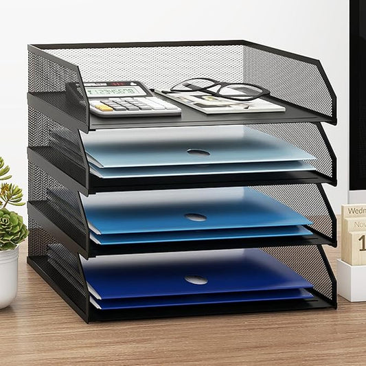 Natwind 4-Tier Stackable Paper Tray, Metal Mesh Desktop Organizer, A4 Desk Organizer, Stackable Letter Trays,File Folder Sorter Organizer with Sliding Tray for Home, Office, School (Black)-DeskLoop Office