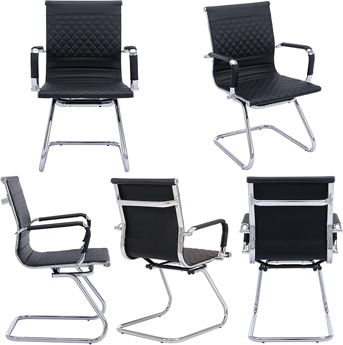 Office Guest Chairs - Reception, Waiting Room & Conference Room Set of 2 - Mid Back, Modern PU Leather Desk Chairs, Black-DeskLoop Office