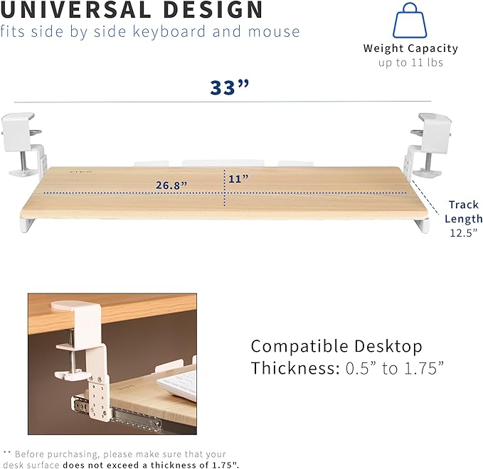 VIVO Large Height Adjustable Under Desk Keyboard Tray, C-clamp Mount System, 27 (33 Including Clamps) x 11 inch Slide-Out Platform Computer Drawer for Typing, Light Wood, MOUNT-KB05HA