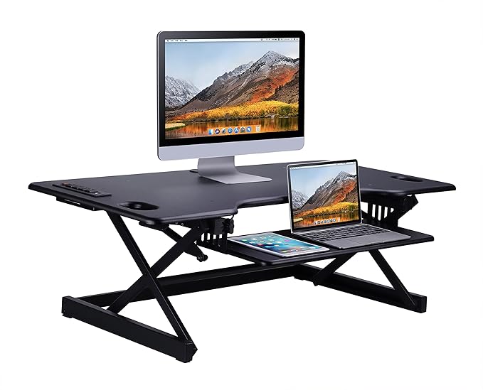 Rocelco 46" Standing Desk Converter with AC USB Charger and Dual Monitor Stand - Height Adjustable Three Screen Riser Computer Workstation - Sliding Keyboard Tray - Black (R DADRB-46-ACUSB-DM3)-DeskLoop Office