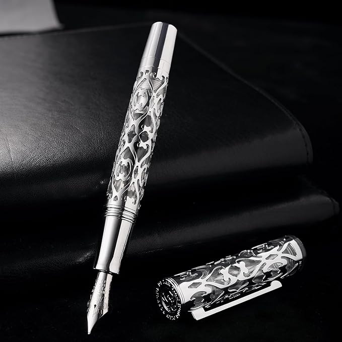 Hongdian D1 Piston Fountain Pen Fine Nib, Hollow Skeleton & Resin with Metal Case Set (Silver)-DeskLoop Office