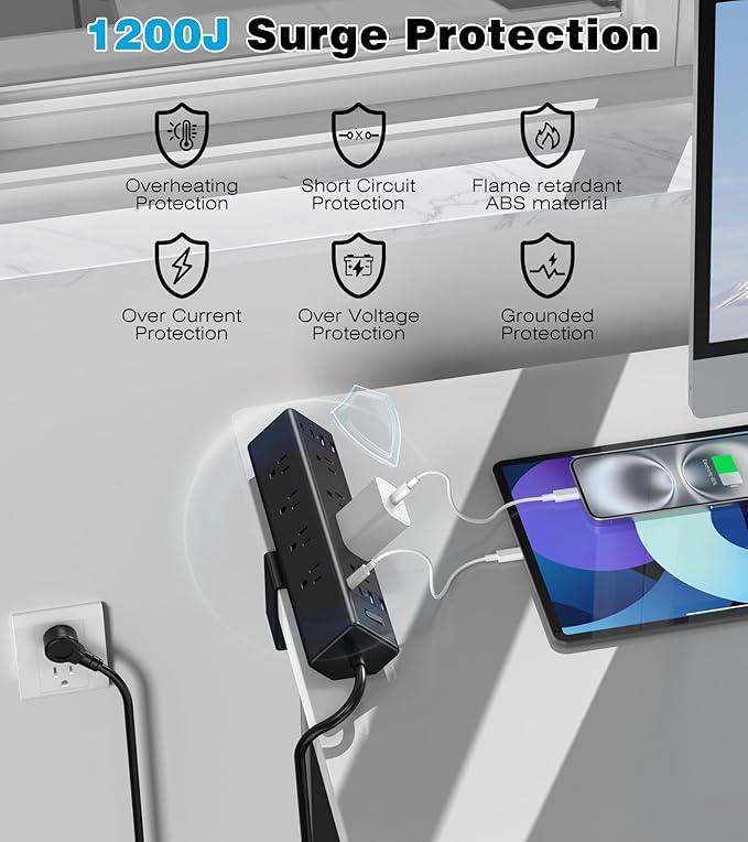 Desk Clamp Power Strip, 40W Total Fast Charging Station, Desk Edge Mount Power Strip, 8 USB Ports(4 USB C) & 8 AC Outlets, Fit 1.9" Tabletop Edge(6Ft 14AWG Cable)-DeskLoop Office