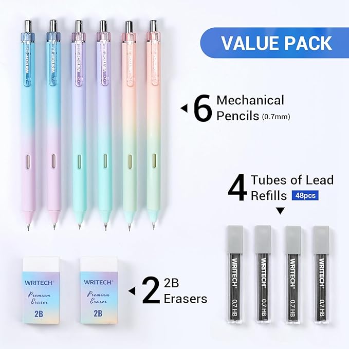 WRITECH Up Mechanical Pencil Set: 6ct Gradient Barrel 0.7mm Mechanical Pencils with 4 Tubes of HB Lead Refills and 2 Extra Erasers for Writing Drawing Sketching Drafting-DeskLoop Office