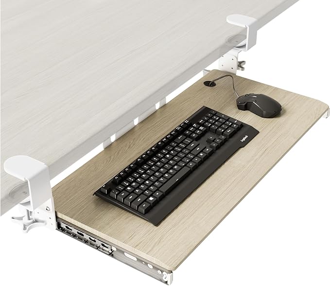 Keyboard Tray Under Desk Pull Out with Extra Sturdy C Clamp Mount System, 27.3 (32.5 inch Including Clamps) x 11 Inch Slide-Out Platform Computer Drawer for Typing Grain AX01WG01-DeskLoop Office