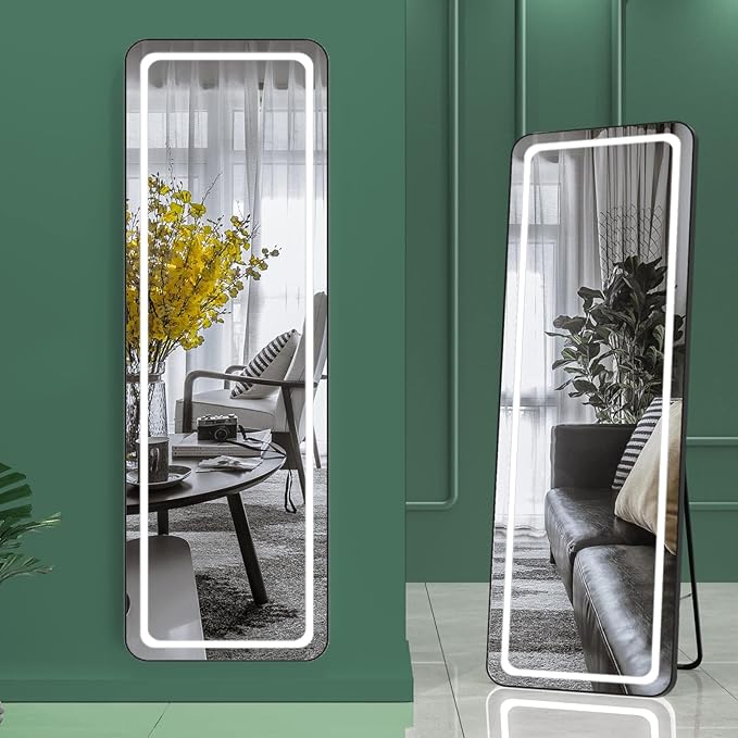 Hasipu Full Length Mirror with Lights, 56" x 16" LED Floor & Wall Mounted, Full Body Dressing Mirror for Bedroom, Living Room, Cloakroom – Round Black-DeskLoop Office
