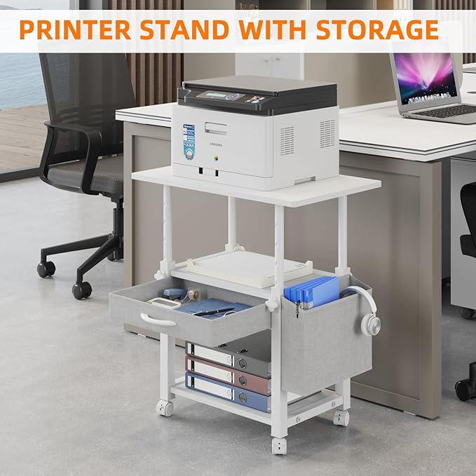 Large 22"x15" Printer Stand, 3-Tier Height Adjustable with Storage Drawer & Side Bag, Rolling Cart for Heat Press/Laser/3D Printer (White)-DeskLoop Office