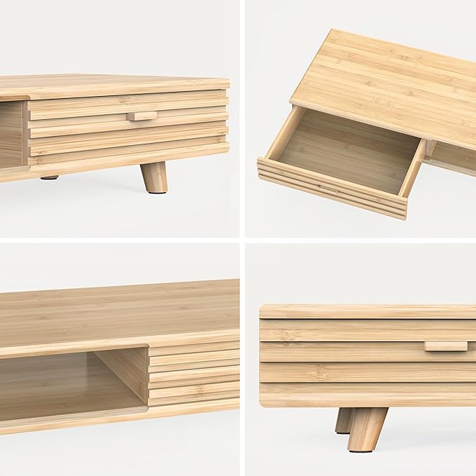 Bamboo Monitor Stand with Drawer - Desk Organizer with Cable Management & Storage, Ergonomic Laptop Riser for Home Office (220lbs Capacity, 39 inch ,Natural)-DeskLoop Office