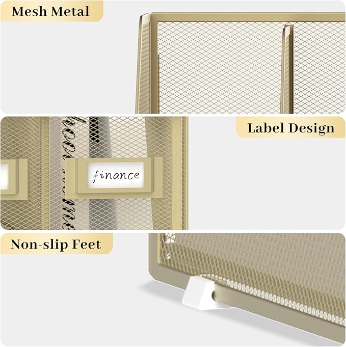 SUPEASY Desk Organizers Metal Desk Magazine File Holder with 5 Vertical Compartments Rack File Organizer for Office Desktop, Home Workspace, Golden Yellow-DeskLoop Office