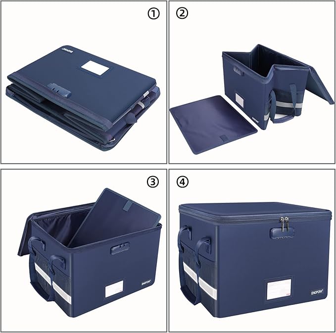 ENGPOW File Box with Lock, Fireproof Document Box with Pockets, Collapsible File Organizer Filing Storage Cabinet with Handle, Portable Home Office Safe for Hanging Letter/Legal Folders, Blue, 2 Pack-DeskLoop Office
