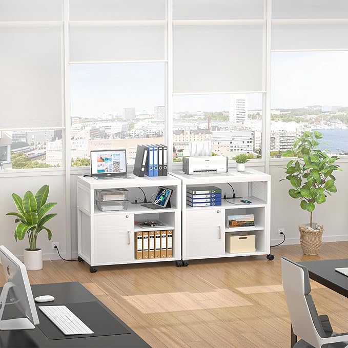 Unikito Rolling File Cabinet Lateral Office Filing Cabinets with Socket and USB Charging Port, Modern Printer Stand on Wheels, Printer Cabinet with Door and Open Storage, Lockable, White-DeskLoop Office