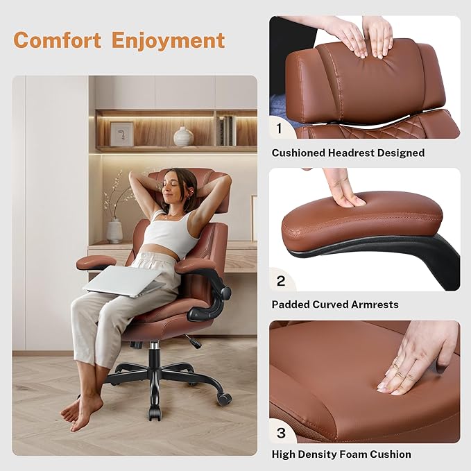 Office Chair Flip Up Arms, Executive Leather Office Chair Ergonomic Desk Chair with Lumbar Support, Adjustable Headrest, Computer Chair Home Office Desk Chair with Rocking Function-DeskLoop Office