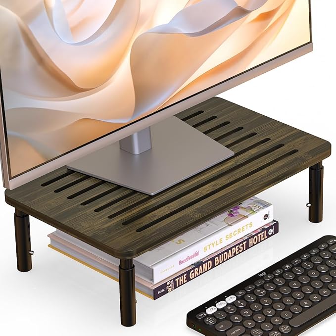 Bamboo Monitor Stand Riser, 4 Adjustable Height, 15.55x9.25 Laptop Stand with Airflow Vents, Desk Organizer for Computer, PC, Printer (Wenge)-DeskLoop Office