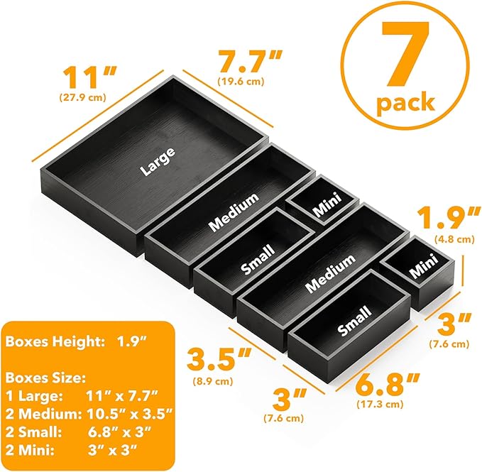 SpaceAid 7-Piece Bamboo Drawer Organizer Storage Boxes Set, Wood Tray Junk Drawer Organizers Multi-Use Divider Bins for Kitchen, Bathroom, Office Desk and Makeup Organization (7 Pack, Black)-DeskLoop Office