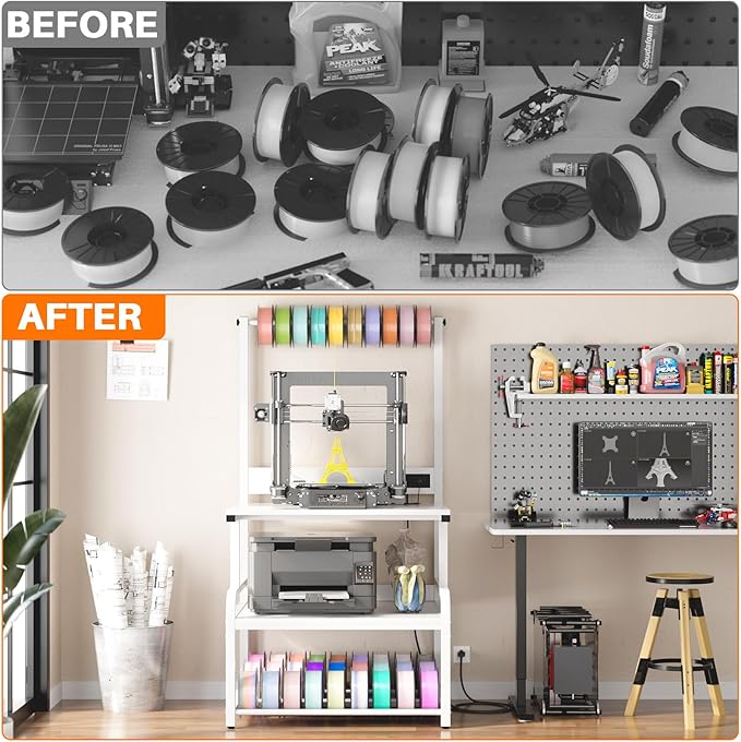 Homieasy Printer Stand with Charging Station, 29.1" x 22.8" Large 3D Printer Table with Filament Storage, Heavy Duty Rolling Printer Cart with 4-Tier Storage for Workshop/Office/Garage, White-DeskLoop Office