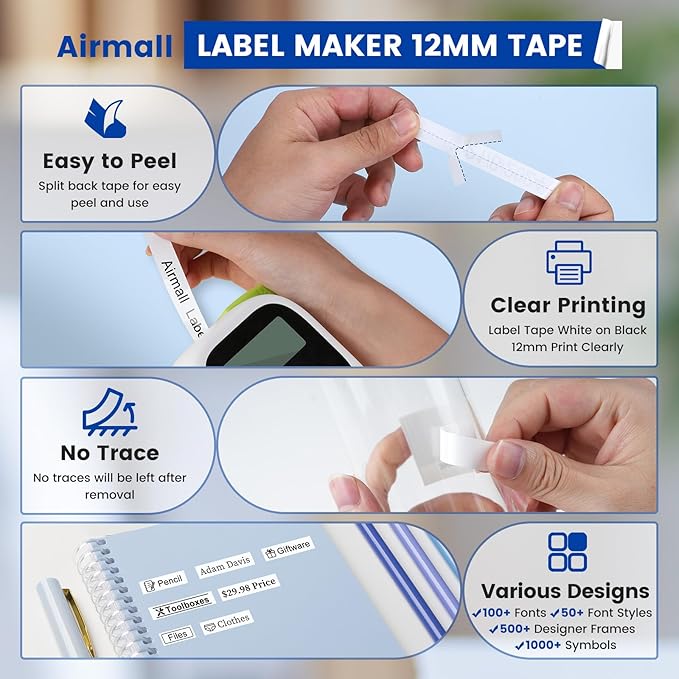 Airmall Tze 12mm 0.47 Laminated White Label Maker Tape Refill Compatible with Brother Ptouch Tape 12mm 0.47 White TZe-231 TZe231 for PT-D220 1180 1280 1290 1750 1830, 8 Pack-DeskLoop Office
