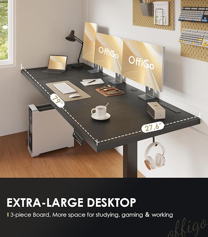 OffiGo Electric Standing Desk with 3-Piece Board, 79 Inch Height Adjustable Large Desk with Power Outlets, Sit Stand Table, Writing Computer Desk for Home, Office, Workstation, Black-DeskLoop Office