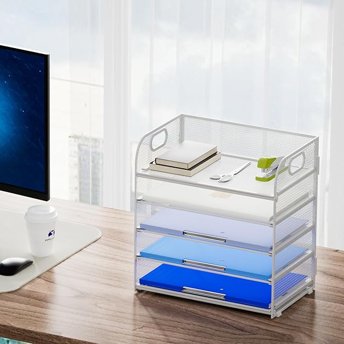 Marbrasse Paper Organizer Letter Tray, 5 Tier Mesh File Organizer with Handle, Paper Sorter Desk Organizer for Home Office Supplies - White-DeskLoop Office