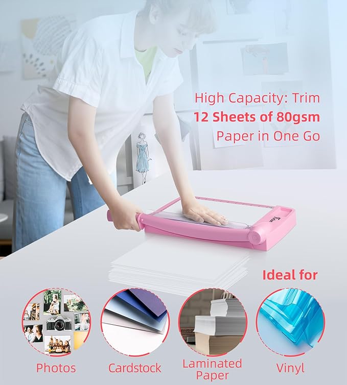 Firbon 12" Guillotine Paper Cutter, Heavy Duty 12-Sheet Capacity Trimmer for Cardstock, Photos, Scrapbooking, Office, Classroom, Studio (Pink)-DeskLoop Office
