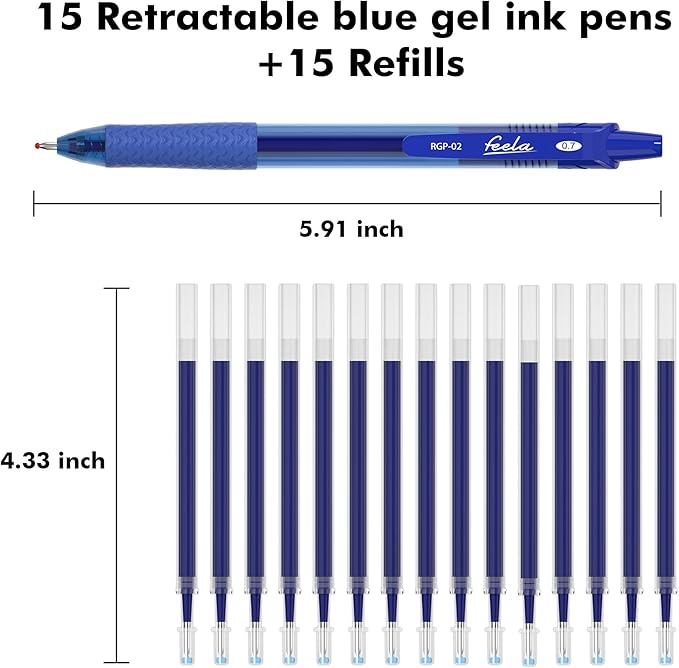 feela 30 Pack Retractable Blue Ink Gel Pens Set Medium Point 15 Piece Fine Point Gel Pen with 15 Refills for Smooth Writing-DeskLoop Office
