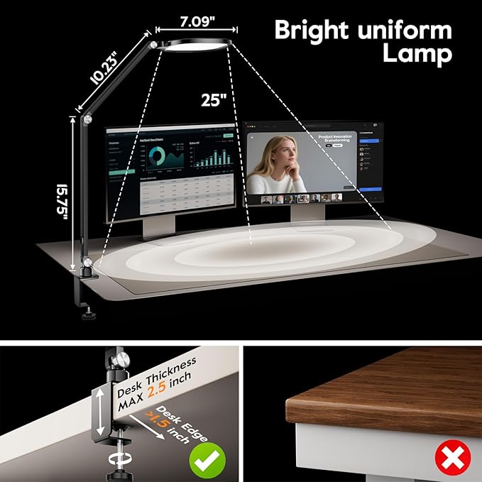 Led Desk Lamps for Home Office, Eye-Care Architect Light with Clamp, Dimmable Zoom Lighting with 3 Color Modes & 10 Brightness, Smart Computer Ring Light for Video Calls, Conference, Reading-DeskLoop Office