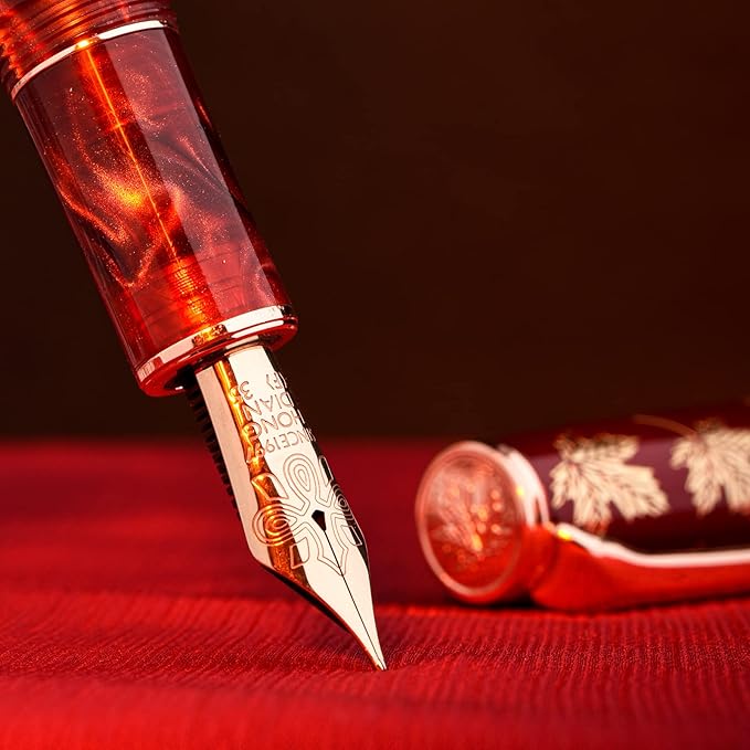 Hongdian N8 Red Acrylic Resin Fountain Pen, Iridium Extra Fine Nib Rose Gold Trim Maple Leaf Carving Cap, Smooth Writing Pen with Converter and Metal Pen Box Set-DeskLoop Office