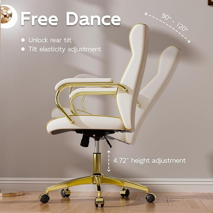 White and Gold Office Chair with Soft Leather Embroidery, Mid Back Vintage Swivel Executive Desk Chair with Wheels and Padded Arms, Adjustable Height-DeskLoop Office