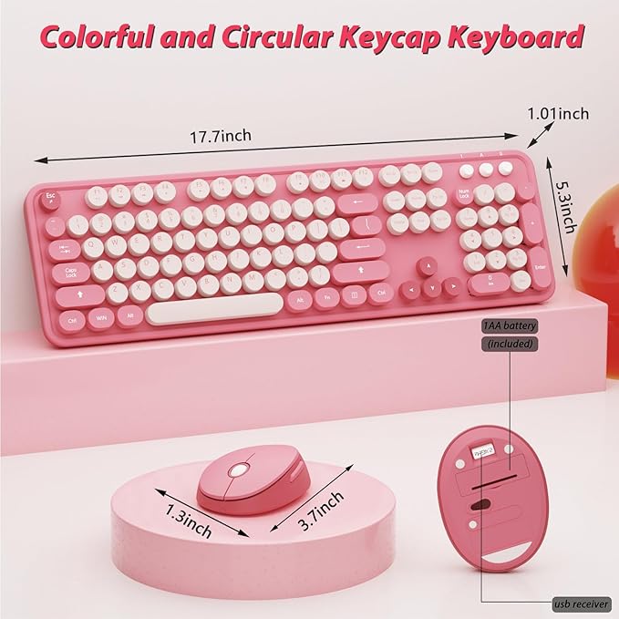 Wireless Keyboard,KOOTOP Cute Colorful 104 Keys Typewriter Retro Round Keycaps Keyboard for PC Laptop,Desktop,Windows, Home and Office Keyboards(Pink)-DeskLoop Office