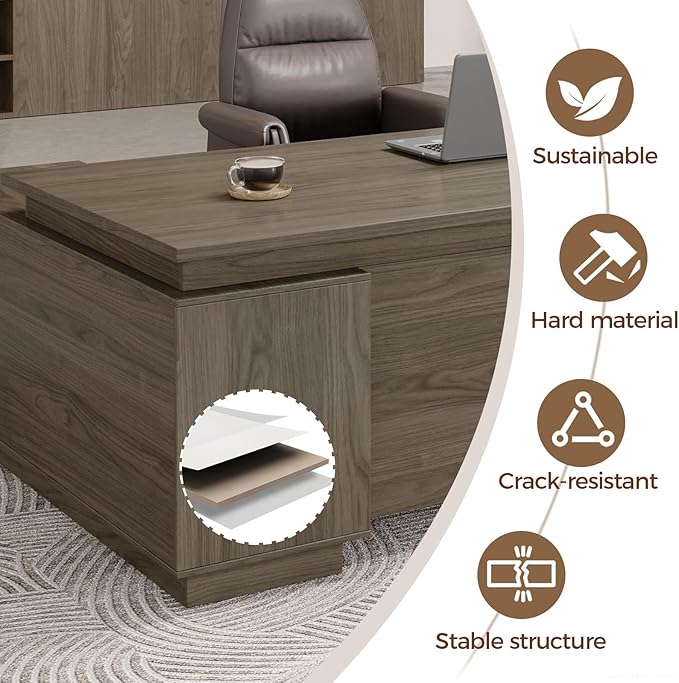 L-Shaped Executive Desk with Reversible Cabinets, Lockable Drawers & Cable Management – Large Wood Office Desk for Home or CEO Office(Black Walnut,63" L*32" W*30" H)-DeskLoop Office