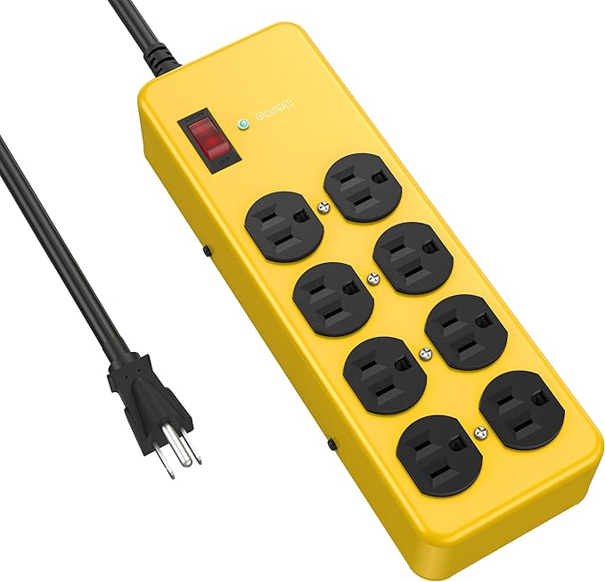 Heavy Duty Power Strip,Industrial Heavy Metal Case Surge Protector,8 AC Outlets,15Amp,2700 Joules,Protected' Indicator,14 Gauge Cord (Yellow, 10FT Length)-DeskLoop Office